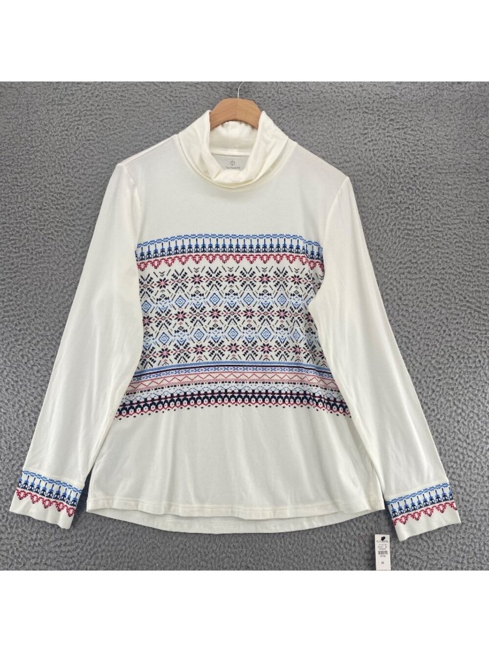 T By Talbots Top Womens Large Petite Ivory Blue Fair Isle Turtleneck Knit NWT